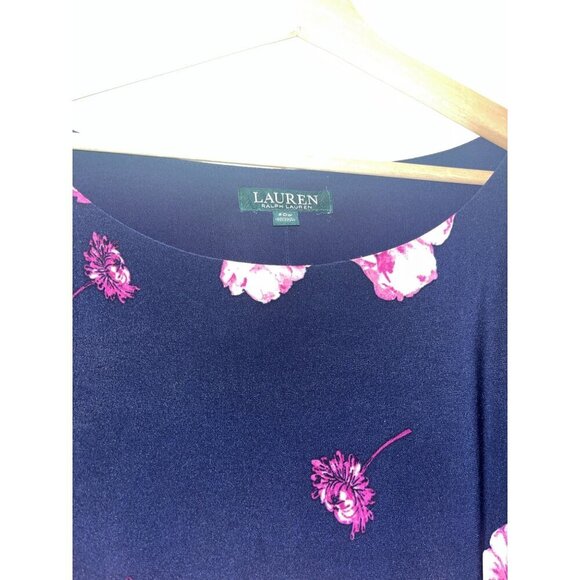 Lauren Ralph Lauren Navy & Pink Floral Print Midi Dress 3/4 Sleeves Scoop Neck - Picture 4 of 10